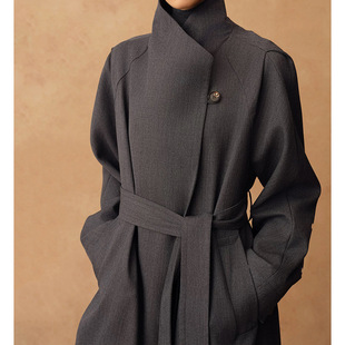 Ready-made factory wholesale new dewy wool texture two-wear long windbreaker jacket with large lapels and laces