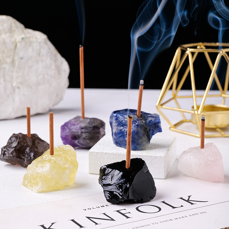 East Sea Crystal Raw Stone Incense Holder 3mm Incense Stick Crystal Diffuser Stone Incense Burner for Buddha Incense Holder Crystal Stone Incense Holder Base