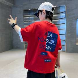 男童t恤短袖2023新款夏季小学生炸街棉质红色半袖上衣夏装男孩潮T