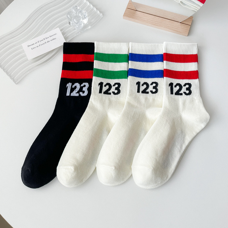 2022 new 123 Digital Sports women's socks male white bar stripes midstream socks college students cotton socks