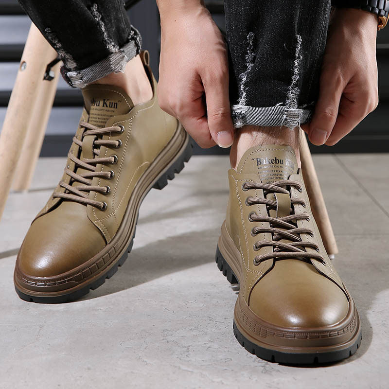 Bốt Martin nam cổ trung mỏng nhẹ phong cách Anh Quốc, đế cao su gót thấp 1-3 cm — Màu kaki, màu đen