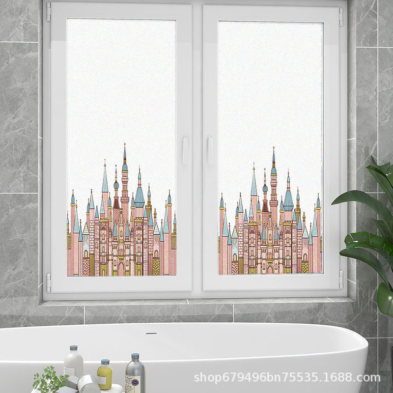 Art Pink Church Castle Electrostatic Glass Sticker PVC Adhesive Free Window Film Seamless Splicing Glass Window Sticker