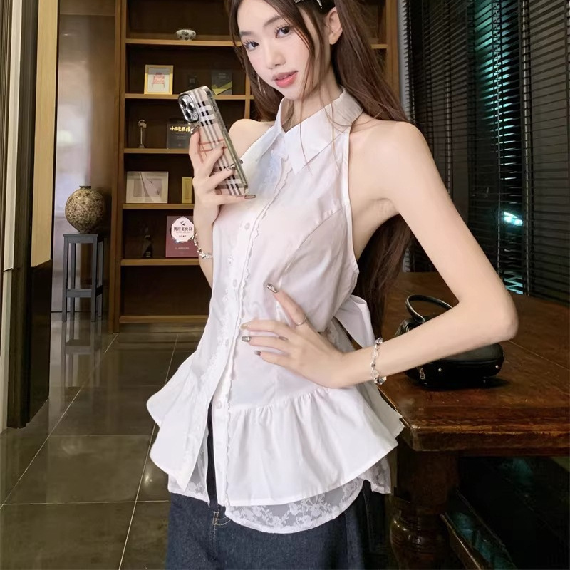 Lace Patchwork Halter Neck Sleeveless Shirt for Women, Summer 2026 New Style, Bow Tie Strap, Backless Short Elegant Top Lace Patchwork Halter Neck Sleeveless Shirt for Women, Summer 2026 New Style, Bow Tie Strap, Backless Short Elegant Top