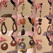 银针木质虎眼石圆形耳环女复古民族风耳钉波西米亚耳饰设计感小众