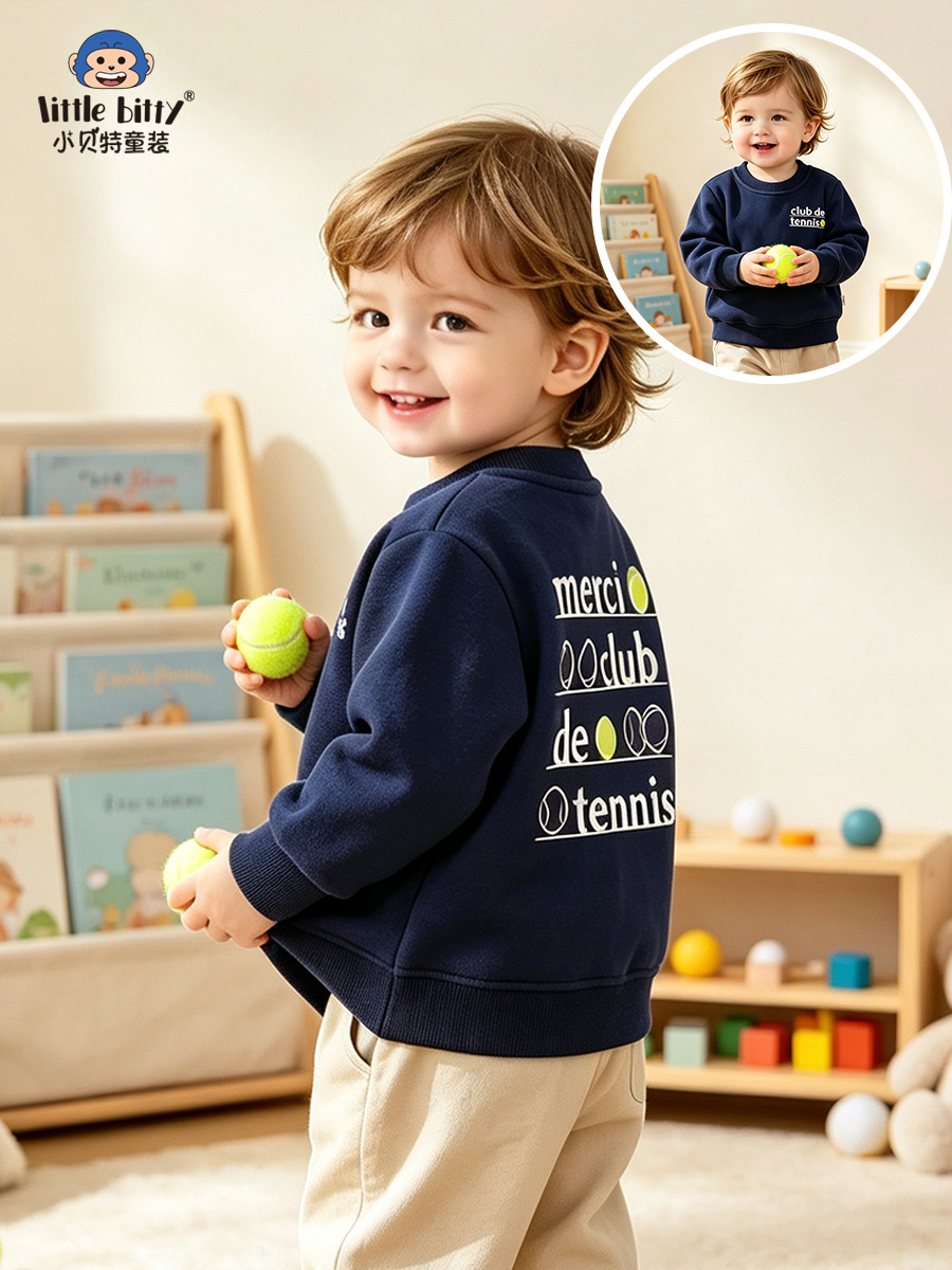 Cross-border supply: 2026 children's long-sleeved sweatshirts for autumn and winter, European and American style, tennis letter print, round neck, boys' sweatshirts, children's clothing