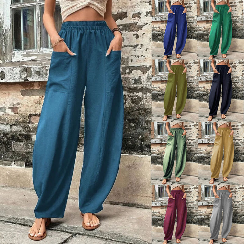 2026Wish Independent Site Amazon Cross-Border Women's Pants Solid Color Pocket Casual Pants Elastic Waist Long Pants