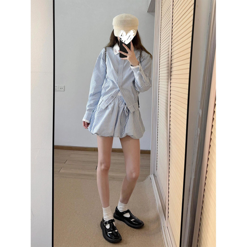 小众清冷感撞色蓝格子翻领长袖衬衫女2025新款花苞裙短裙两件套装|undefined