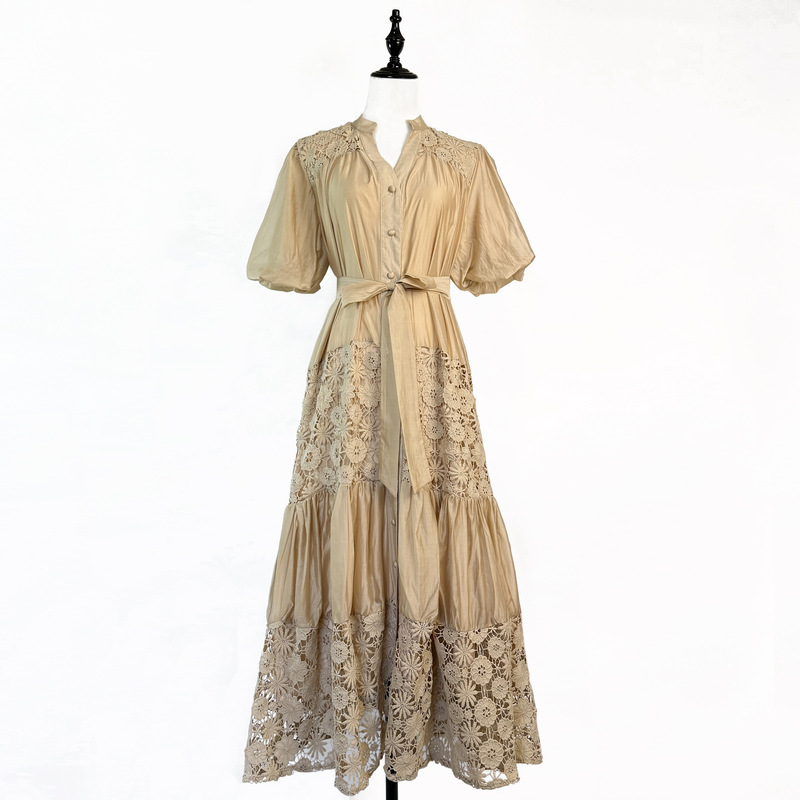 French-Style Romantic Heavy-Duty V-Neck Lace Dress for Women, Summer White Puff Sleeve V-Neck Waist-Cinching Slimming A-Line Long Dress
