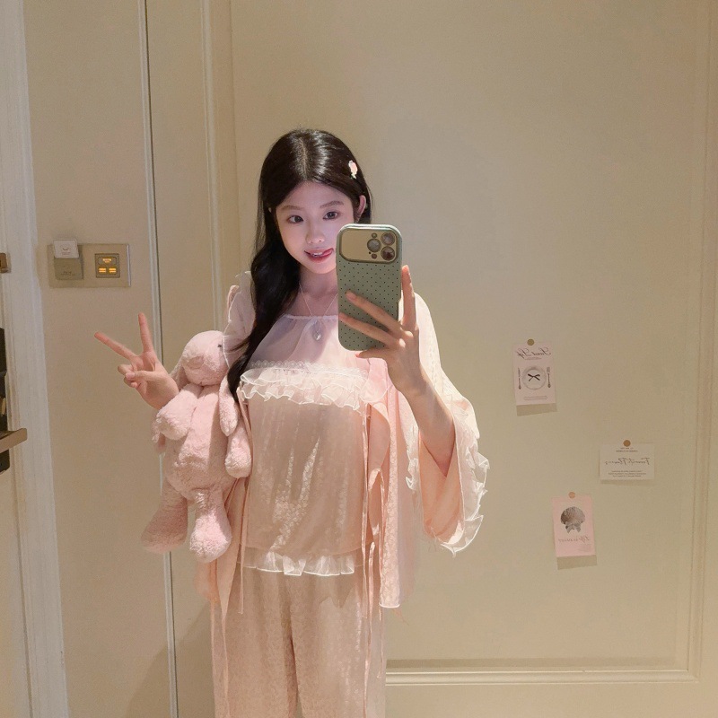 YLF005【奶欲少女】春秋冰丝睡衣女纯欲感高级氛围感少女甜美三件
