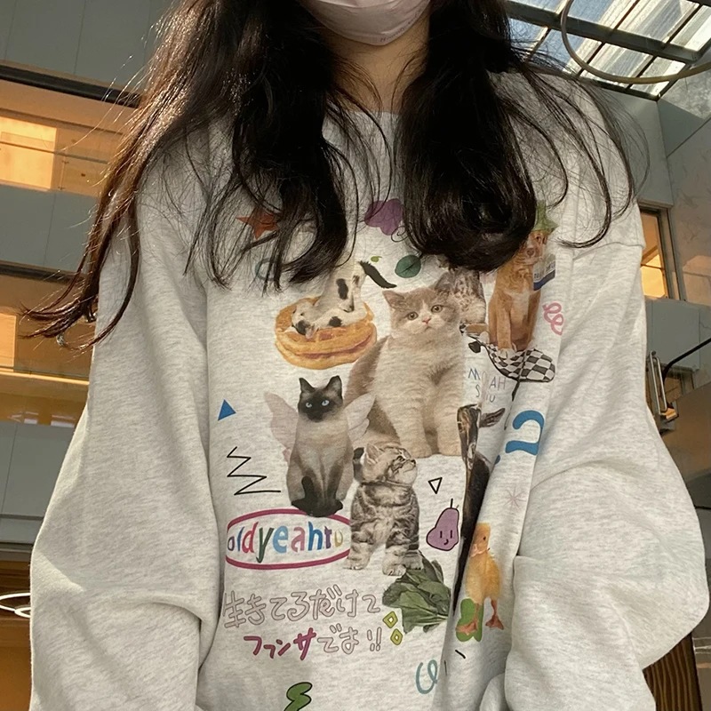 Milk Cat Printed Sweatshirt Autumn Winter Long Sleeve Fashio
