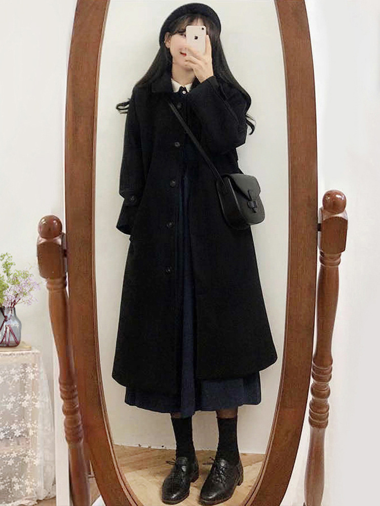 金韩赫本风毛呢外套女2026春夏季新款韩版黑色中长款呢子大衣包邮