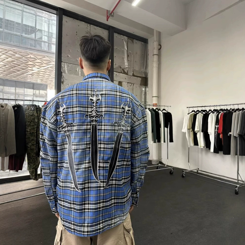 Высокие версии ThugClub24FW Весна и Осень Синий клетчатый меч с принтом повседневного с длинными рукавами для мужчин и женщин