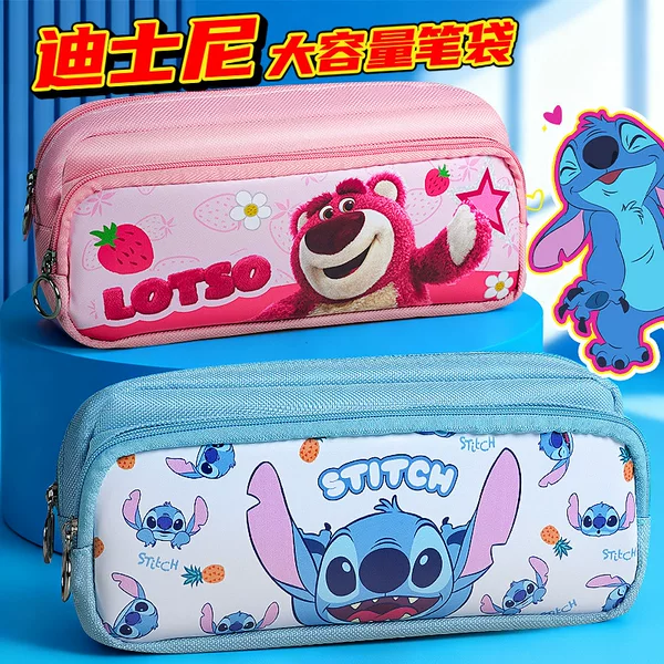 Disney Large-Capacity Pencil Bag Mickey Stitch Spider-Man Student Cartoon Pencil Bag Double-Layer Zipper Stationery Bag