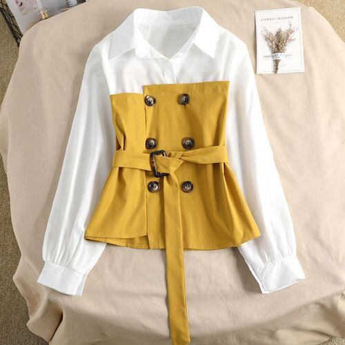 MG Elephant New Short Figure Patchwork POLO Collar Irregular Hem Belted Waist Long Sleeve Shirt