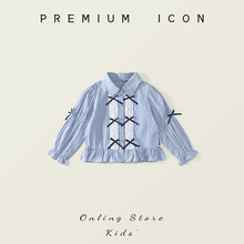 2025新款女童韩版条纹衬衫秋季儿童女孩长袖蝴蝶结衬衣长裤两件套