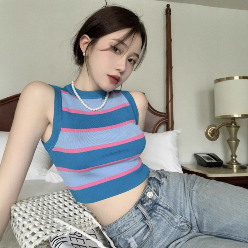 Striped knitted sleeveless vest for Women summer contrast color sweet hot girl slim fit slimming outer wear undershirt top Striped knitted sleeveless vest for Women summer contrast color sweet hot girl slim fit slimming outer wear undershirt top