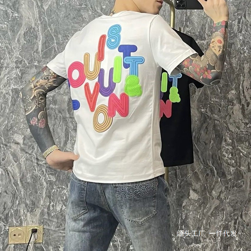 Trendy Young Men's Stylish Slim-Fit Cotton T-Shirt with Letter Print, Simple and Versatile Round Neck Short Sleeve