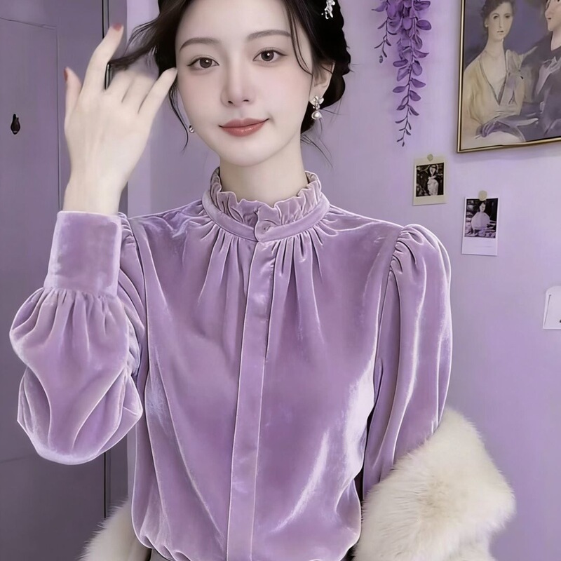 Taro purple spring and autumn new French-style stand-up collar velvet shirt with a high-end feel, puff sleeves, and a slimming effect for women Taro purple spring and autumn new French-style stand-up collar velvet shirt with a high-end feel, puff sleeves, and a slimming effect for women