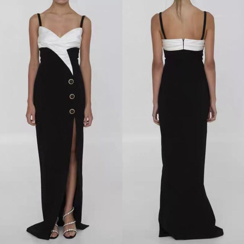 Cross-Border European and American Celebrities' Same Style High-End Fashion Black and White Color Matching Suspender Slit Long Floor-Length Dress