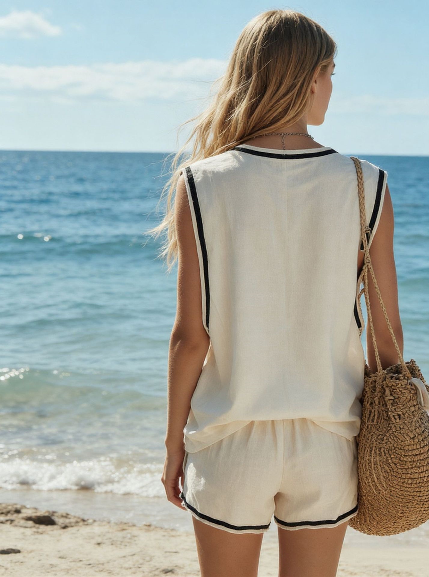 Women's V Neck Vest And Shorts Set Casual Two Piece Solid Color Vacation Style_ecoleips.com