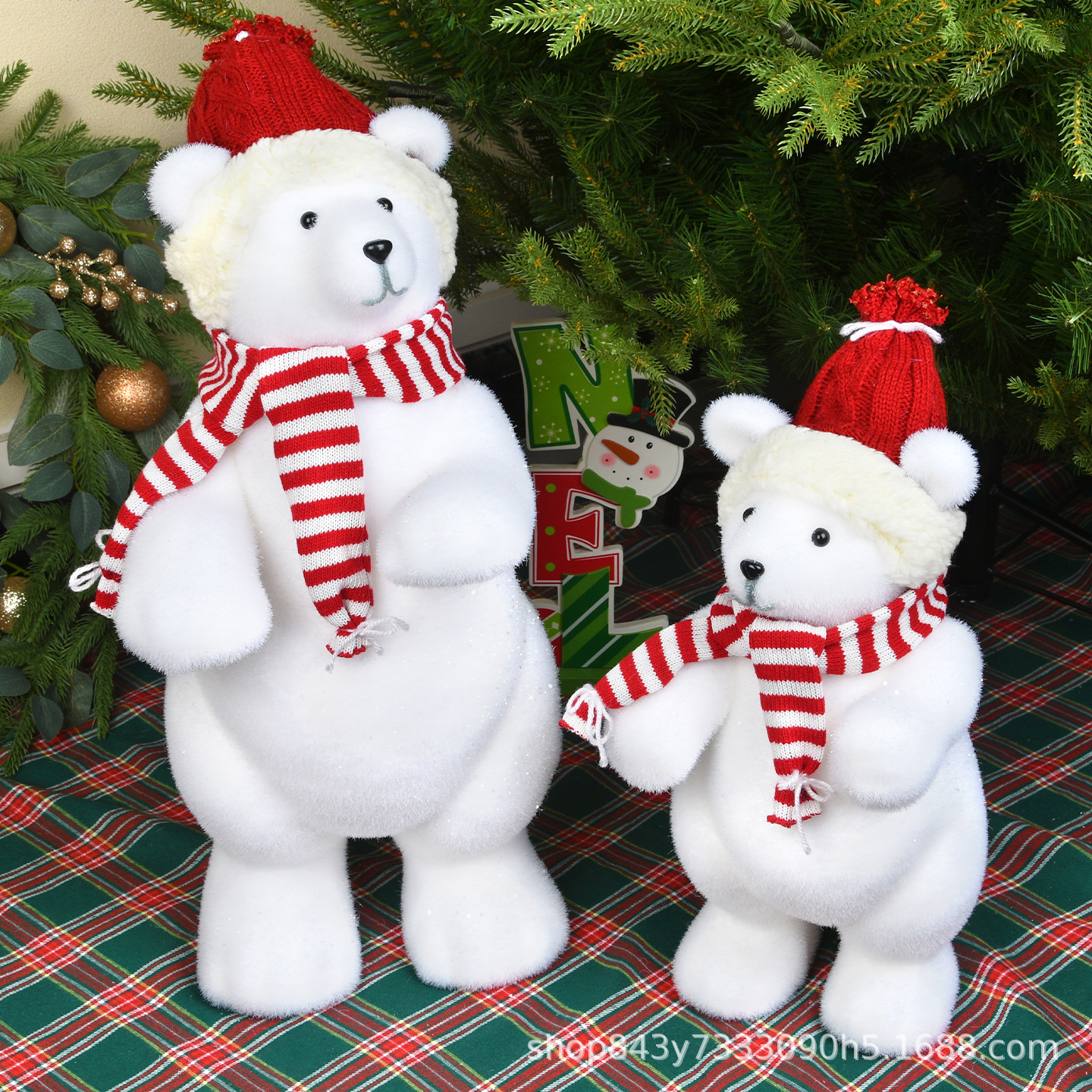 Navidad blanco flocado osos adornos de decoración ventanas rojas grandes y medianas decoración de la sala de exposiciones osos adornos de bebé