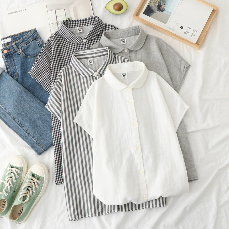 Factory Direct Sale Japanese-Style Simple Ingot Collar Women's Sleeveless Pure Cotton Shirt Double-Layer Cotton Yarn Short-Sleeve Women's Shirt