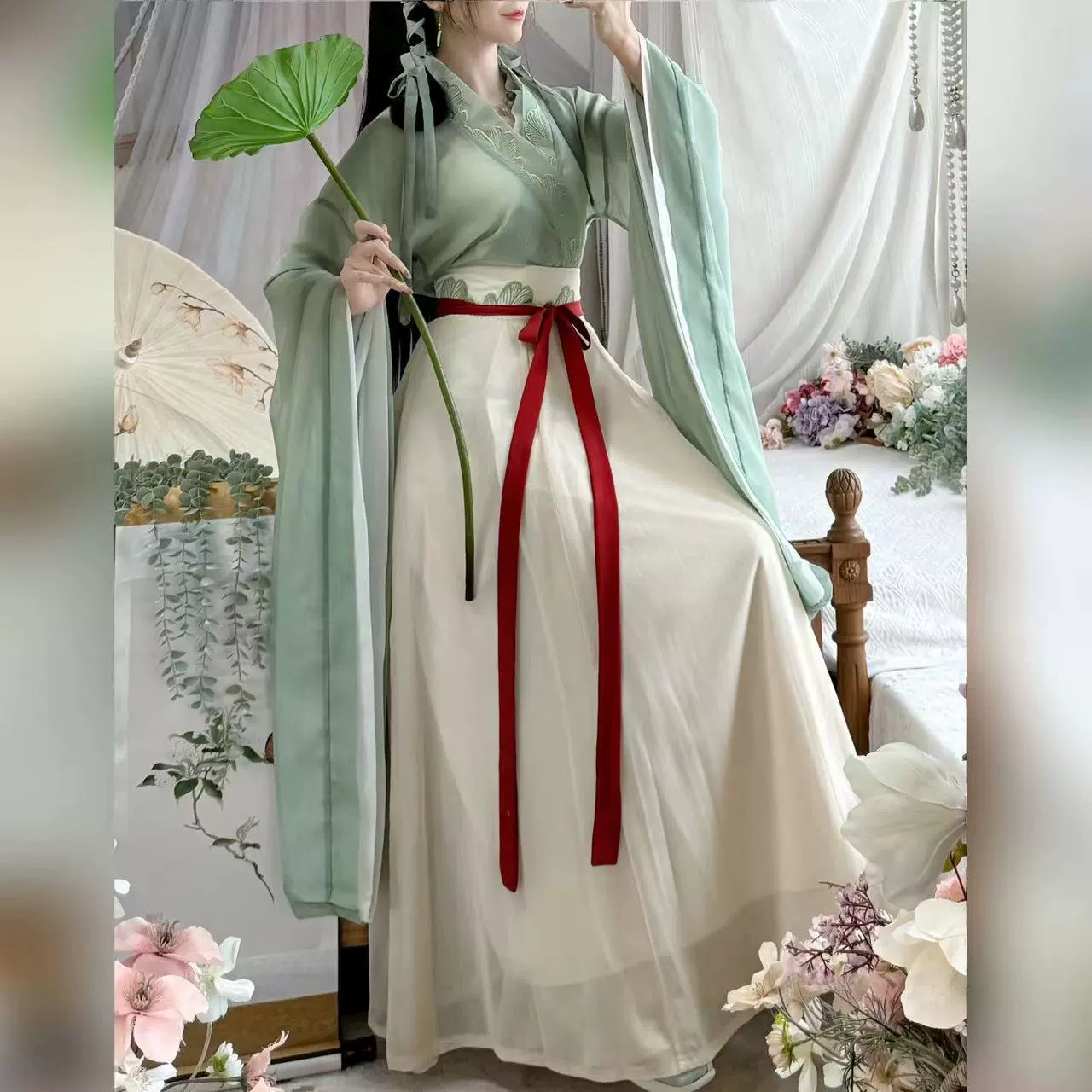 Оригинальный [Хаохэ] костюм ханьфу для женщин, в стиле Северных и Южных династий, с широкими рукавами, цельная перфорированная юбка, весна-лето, эффект стройности.