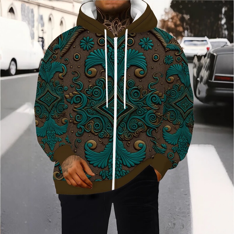 Retro Baroque Print Men's Casual Fashion Spring and Autumn Breathable Lightweight Soft Skin-Friendly Zipper Sweatshirt Jacket