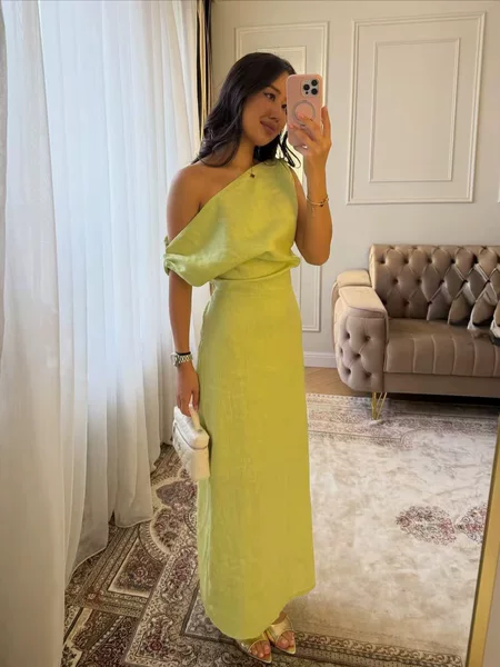 European and American Cross-Border Exclusive Supply of Linen Breathable Design Off-Shoulder Waist-Cinching Slimming Elegant Off-Shoulder Vacation Long Dress
