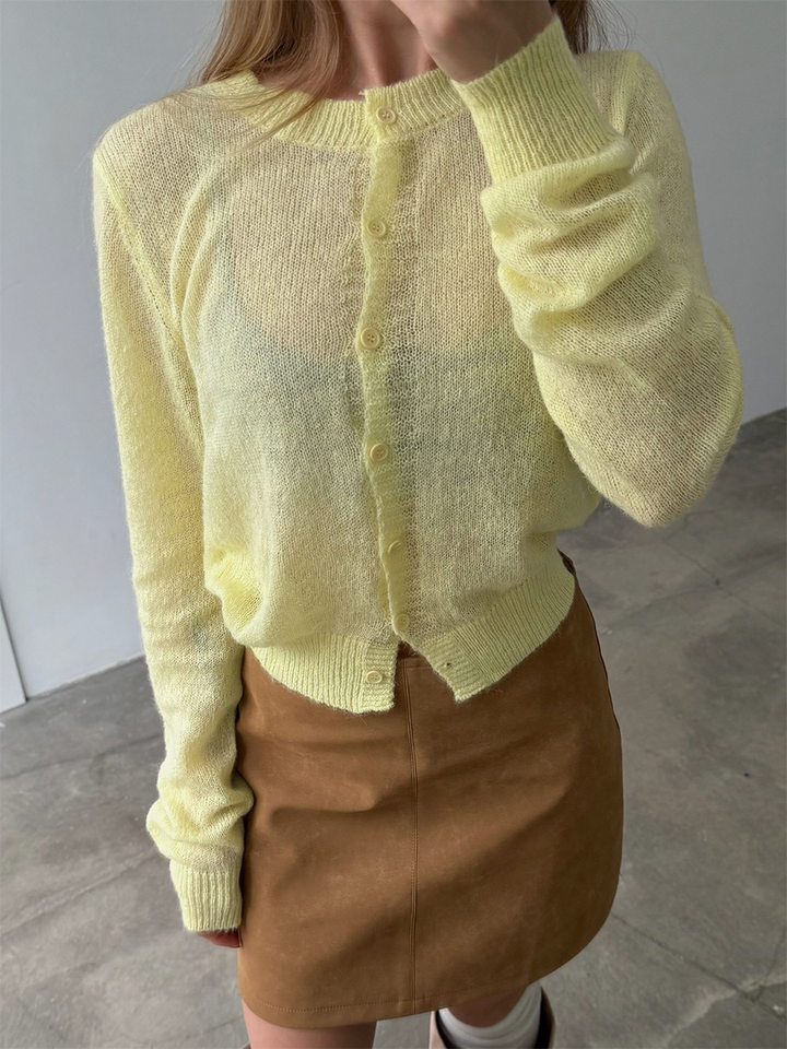 Áo cardigan len nữ dệt kim mỏng cổ tròn dáng rộng phối nút — Vàng nhạt, màu hồng, màu nâu, trắng chi tiết 6