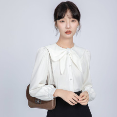 实拍娃娃领蝴蝶结缎面白色衬衫女年秋季新款通勤职业内搭上衣