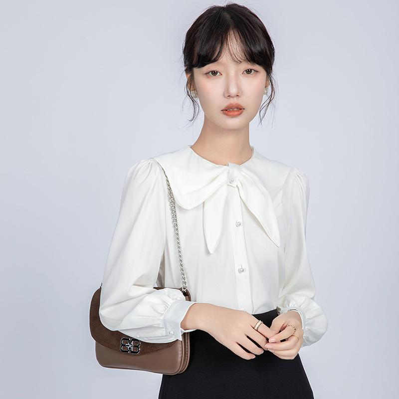 实拍娃娃领蝴蝶结缎面白色衬衫女年秋季新款通勤职业内搭上衣|undefined