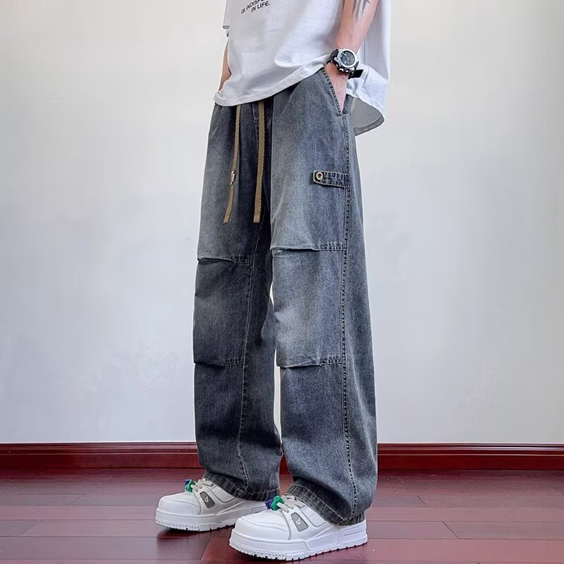 美式褶皱牛仔裤男夏季薄款高街宽松直筒青少年透气休闲直筒工装裤|undefined