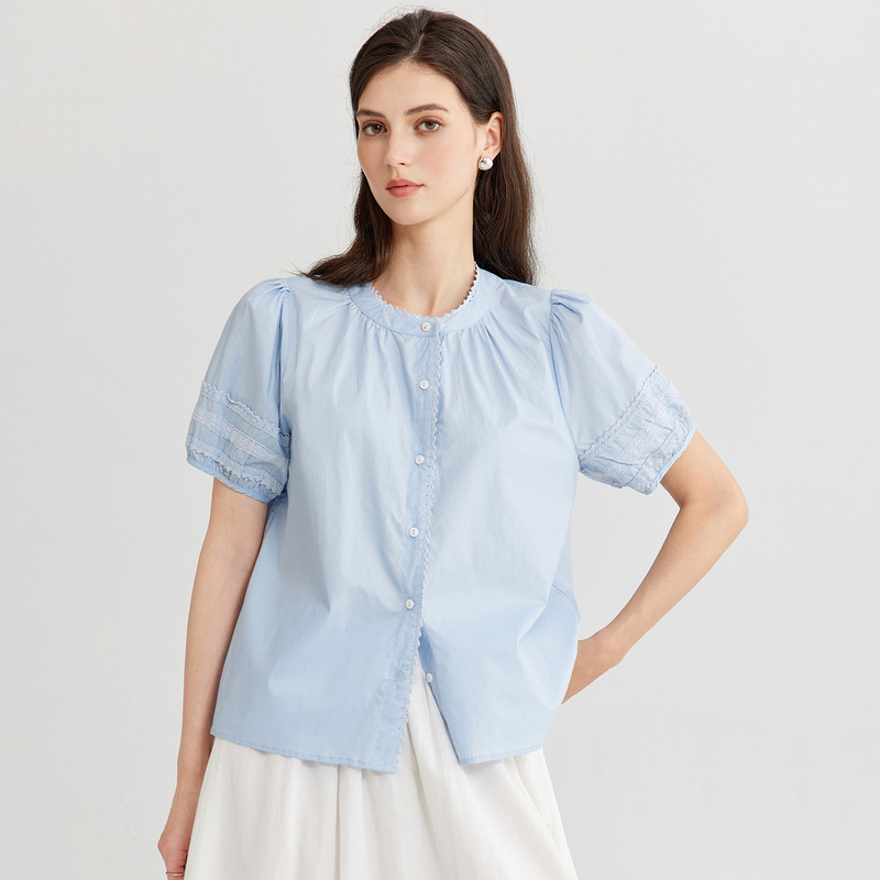 Lace Round Neck Short Sleeve Shirt for Women, 2026 Summer New Commuting Sweet Style, Unique and Chic Pure Cotton Top Lace Round Neck Short Sleeve Shirt for Women, 2026 Summer New Commuting Sweet Style, Unique and Chic Pure Cotton Top