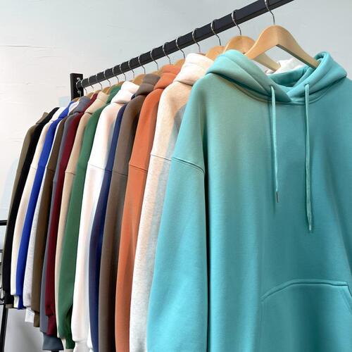 Dark green solid color hooded fleece-lined sweatshirt for men, autumn/winter basic style, oversized casual coat