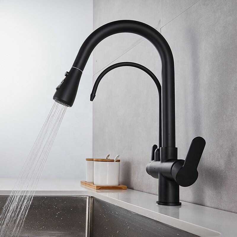 Black Filter Drinking Mixer Tap Kitchen Faucet with Chrome Shower Water Purifier