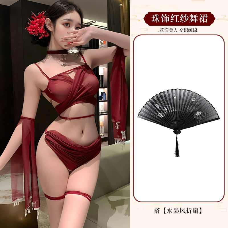 레드 [넥링+브라+팬티+소매+다리링] + P32 연꽃부채