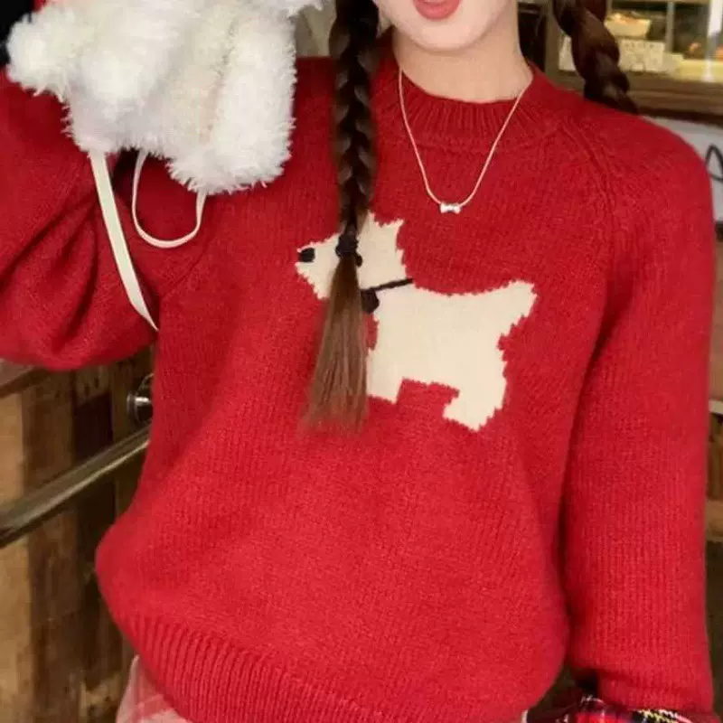 韩系圆领狗狗提花套头毛衣女2025秋冬新款宽松短款软糯针织衫上衣