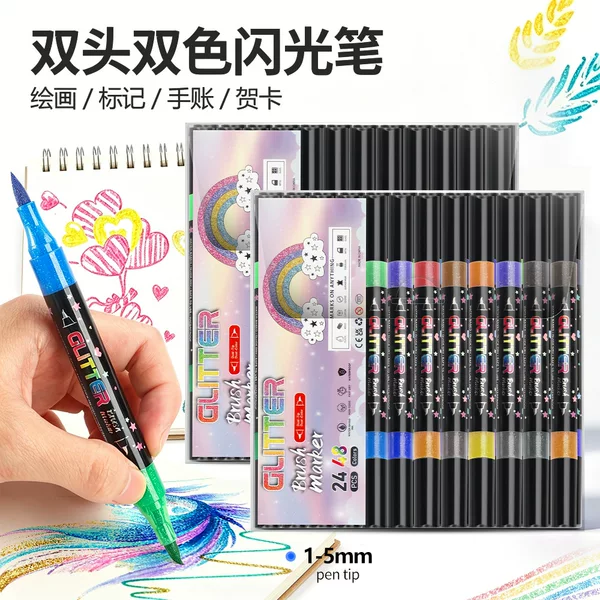 Cross-Border DIY Hand-Painted Double-Ended Dual-Color Acrylic Markers for Children and Students, Glitter Watercolor Pens, Graffiti Painting Set