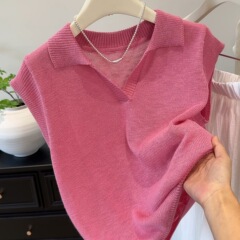 时尚休闲翻领飞飞短袖t恤女夏季新款显瘦减龄百搭无袖上衣