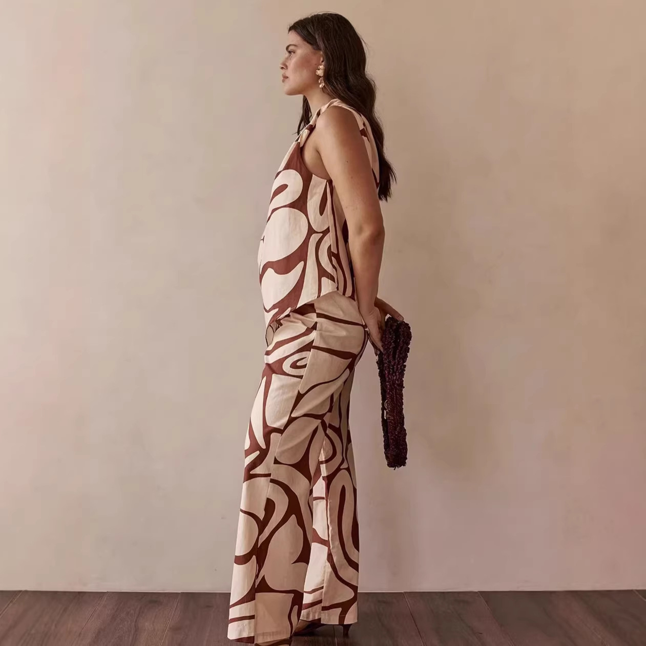 Women's Summer Linen Print Off-Shoulder Sleeveless Wide Leg Pants Set Casual Loose Fit Clothing_ecoleips.com