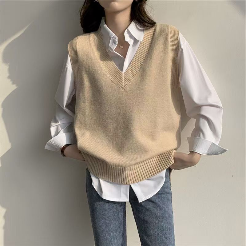 Foreign Trade New V-neck Sweater Vest Vest Spring and Autumn College Style Waistcoat Literary Short Loose Vest Women's Knitting