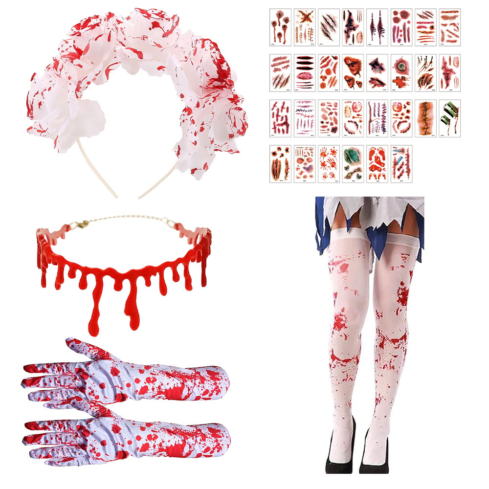 Suministros para disfraces de disfraces de Halloween: calcetines de sangre, guantes de sangre, delantal de sangre, cuchillo de sangre, pancarta de cuerdas, decoración colgante.
