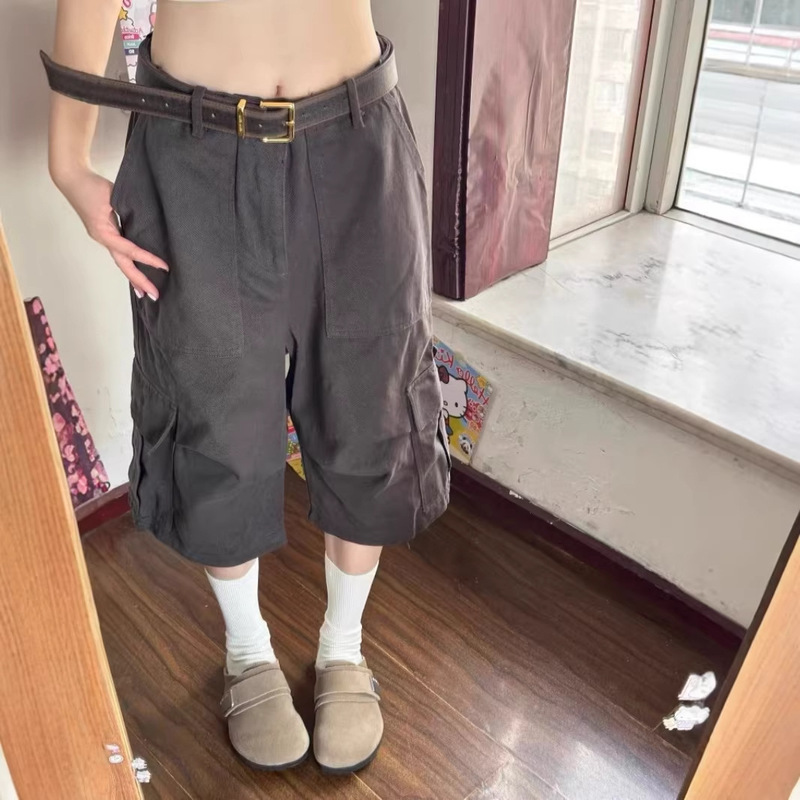 American Retro Gray Multi-Pocket Workwear Denim Shorts for Women, New Summer High-Waisted Slimming Wide-Leg Pants, Cropped Pants