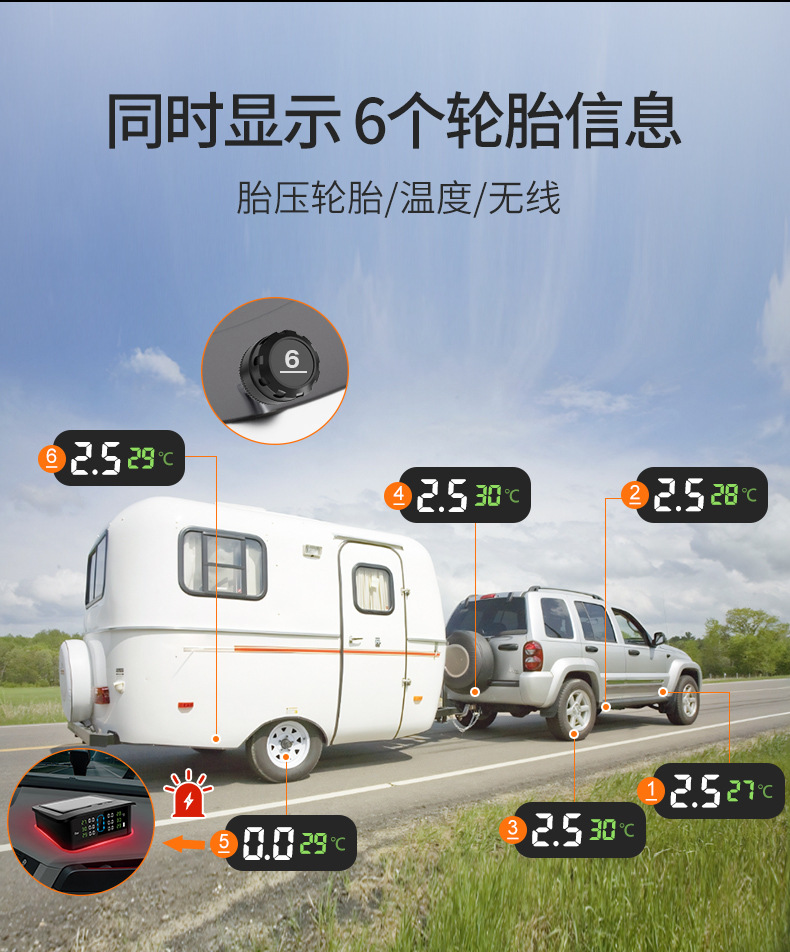 Tire Pressure Monitor Solar-Powered Tire Wireless System Sensor Temperature Pressure Ambient Light Abnormality Tpms