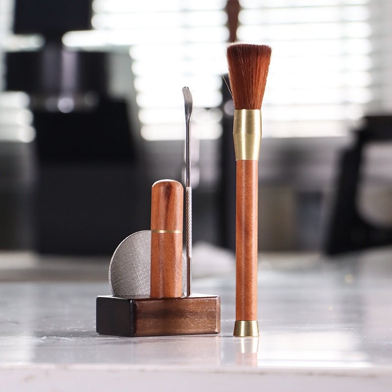 Coffee Cloth Powder Needle Italian Powder Cloth Hand Brewing Powder Needle Stainless Steel with Storage Sandalwood Solid Wood Brush Cleaning