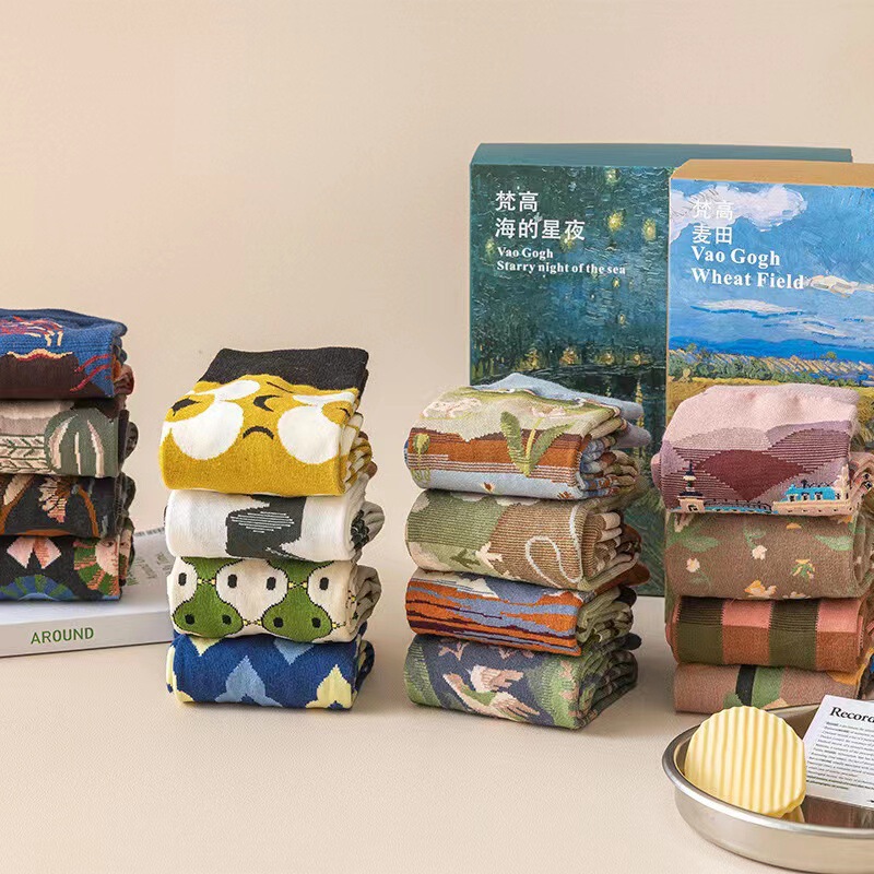 New gift box socks oil painting style mid-calf length socks women xinjiang long-staple cotton french light luxury niche artistic retro stockings