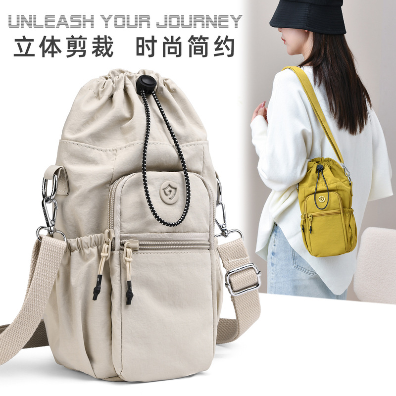 New Style Women's Drawstring Shoulder Bag, Casual Shopping Crossbody Bag, Lightweight Water-Repellent Nylon Bag, Versatile Mobile Phone Bag