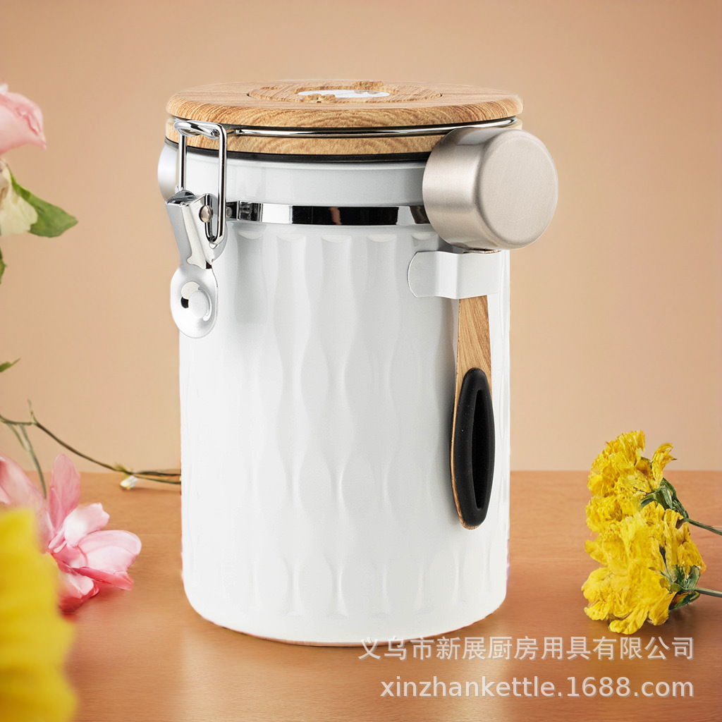 Tanque de almacenamiento transfronterizo tanque de sellado de café en polvo con cucharas granos de café tanque de sellado de escape de acero inoxidable con controlador de tiempo