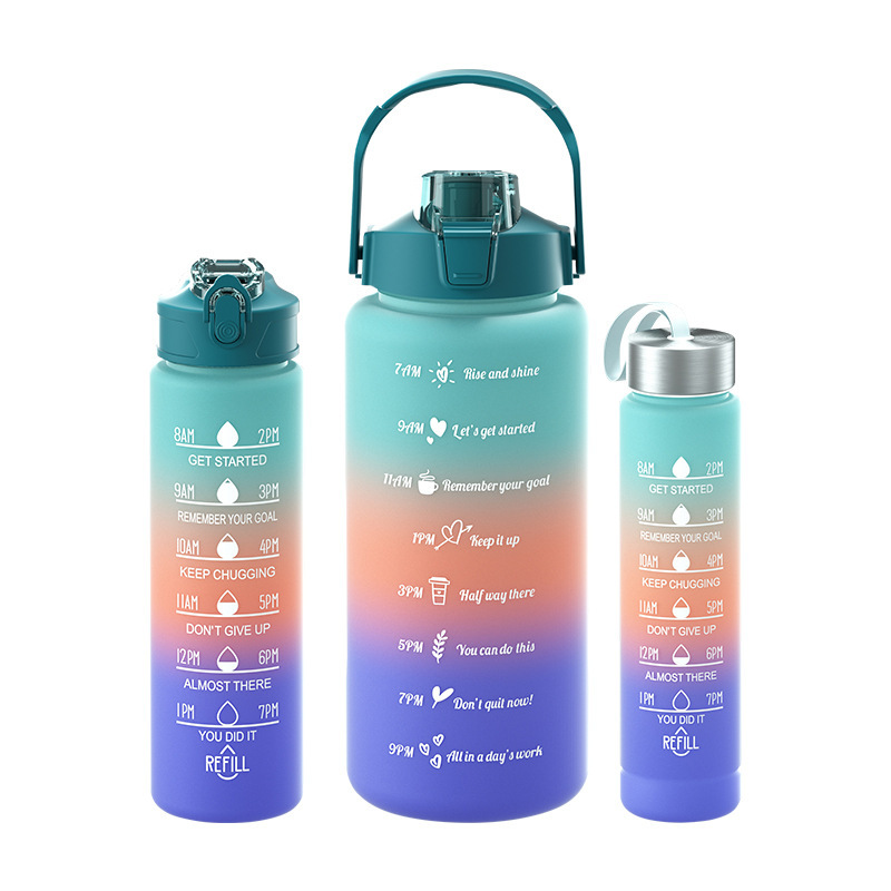 Taza de agua de tres piezas taza de paja de gran capacidad taza de agua de color degradado espacio deportivo olla taza de agua de plástico esmerilado con escala
